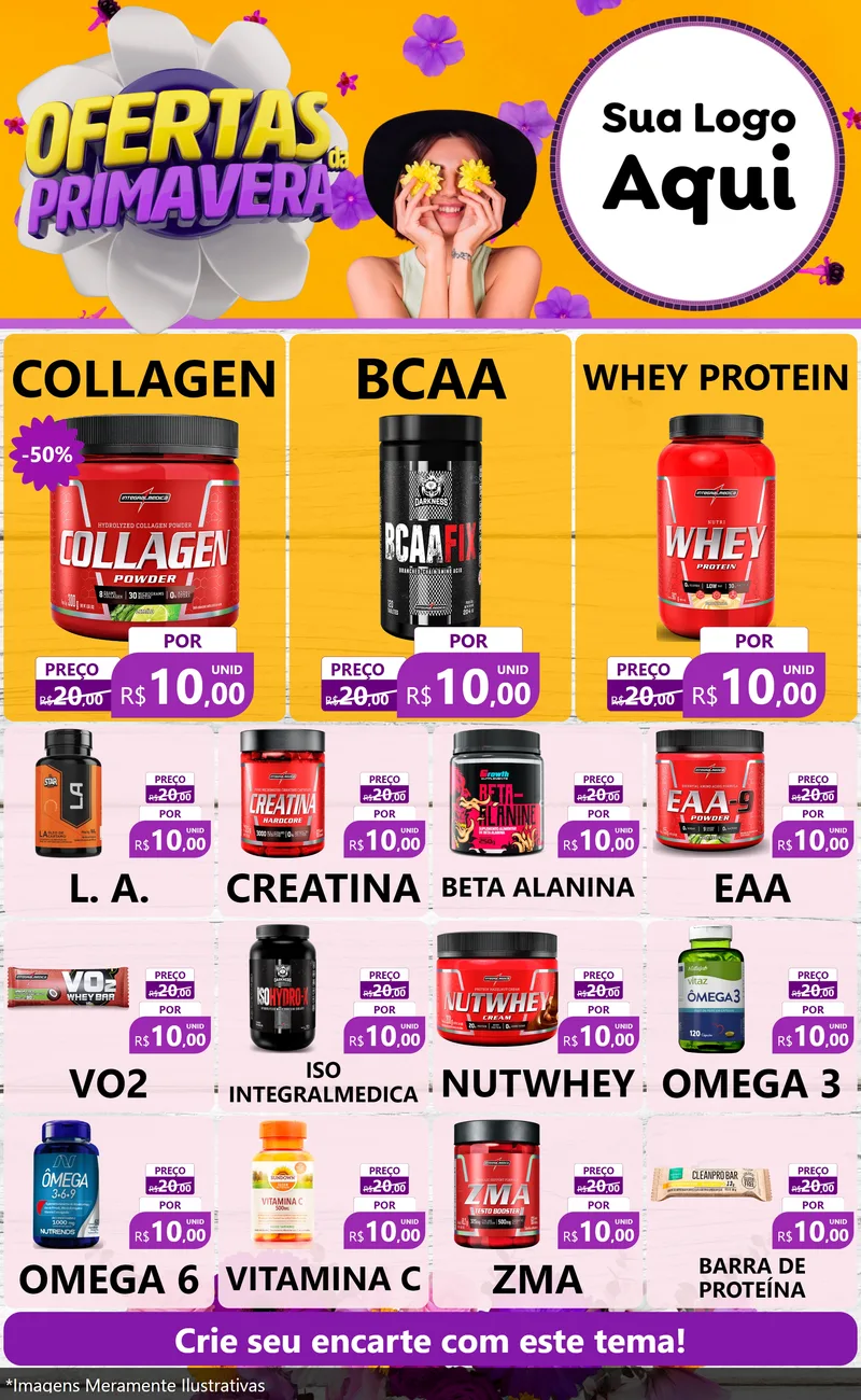 Modelo de Encarte para Encarte Grande com o tema Ofertas Da Primavera para Suplementos alimentares