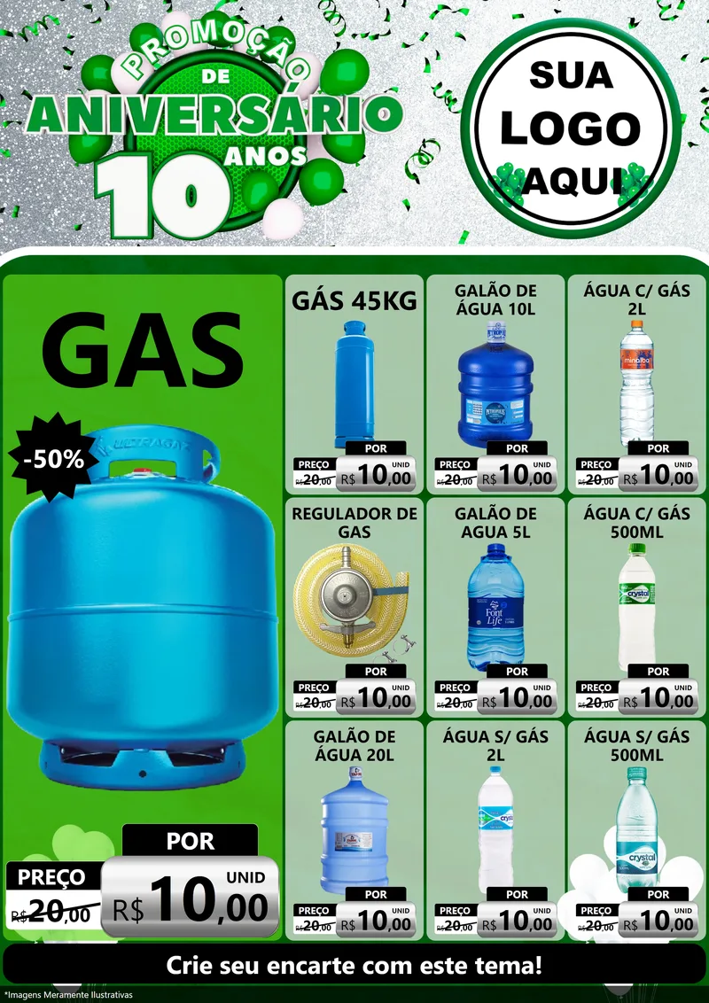Modelo de Encarte para Encarte A4 Vertical com o tema Promoção de Aniversário - 10 Anos para Água e gás