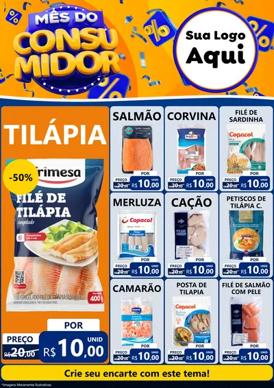 Modelo de Encarte para Encarte A4 Vertical com o tema Mês do Consumidor para Peixaria