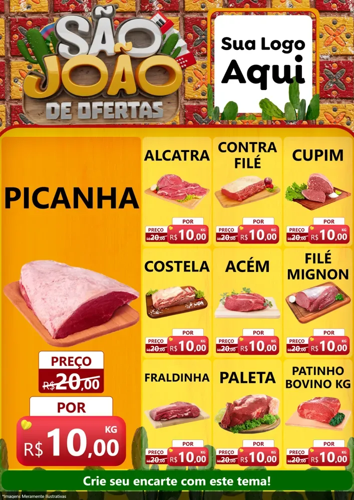 Modelo de Encarte para Encarte A4 Vertical com o tema São João de Muitas Ofertas - Junina para Açougue