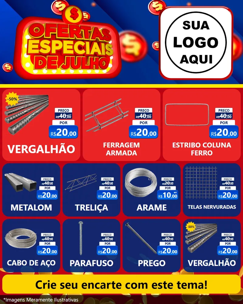 Modelo de Rede Social para Feed Instagram com o tema Ofertas Especiais de Julho para Ferragens