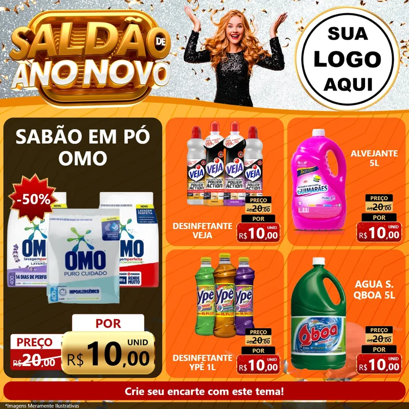 Modelo de Rede Social para Feed Facebook com o tema Saldão de Ano Novo para Produtos de Limpeza