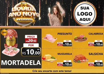 Modelo de Encarte para Encarte A4 Horizontal com o tema Liquida Ano Novo Imperdível para Frios e Laticínios
