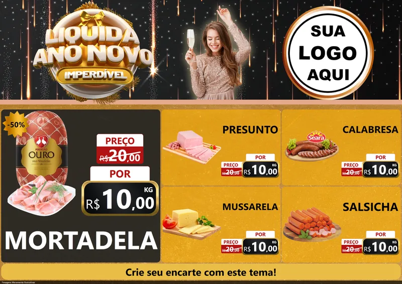Modelo de Encarte para Encarte A4 Horizontal com o tema Liquida Ano Novo Imperdível para Frios e Laticínios