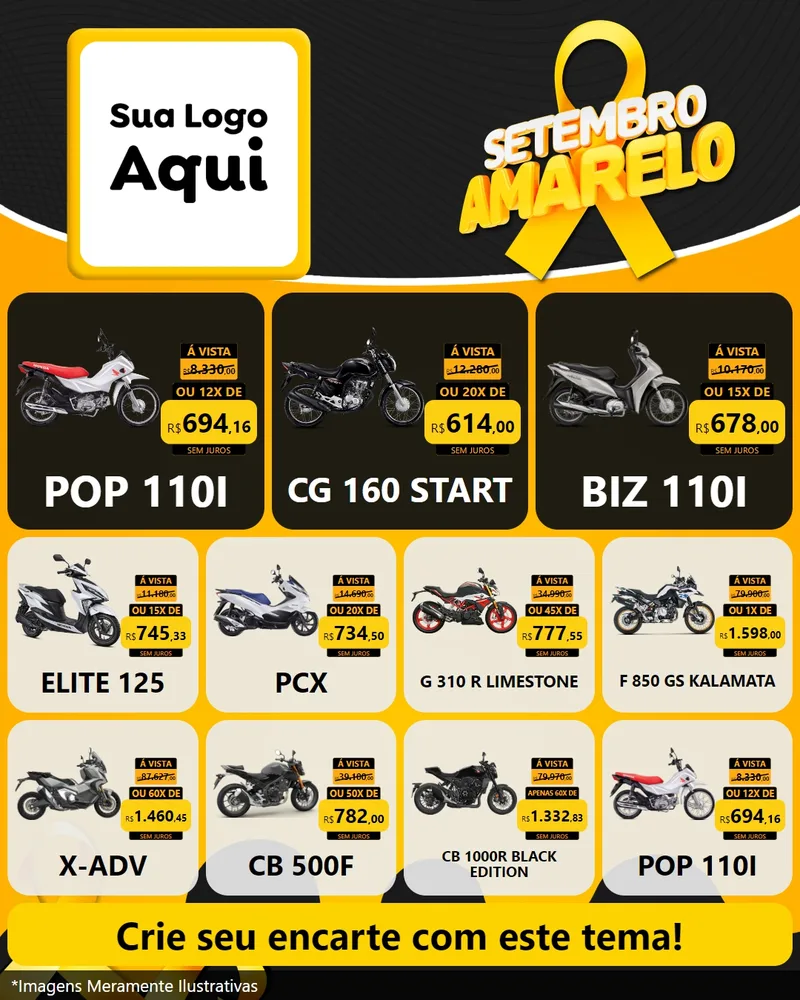Modelo de Rede Social para Feed Instagram com o tema Setembro Amarelo para Concessionaria de Motos