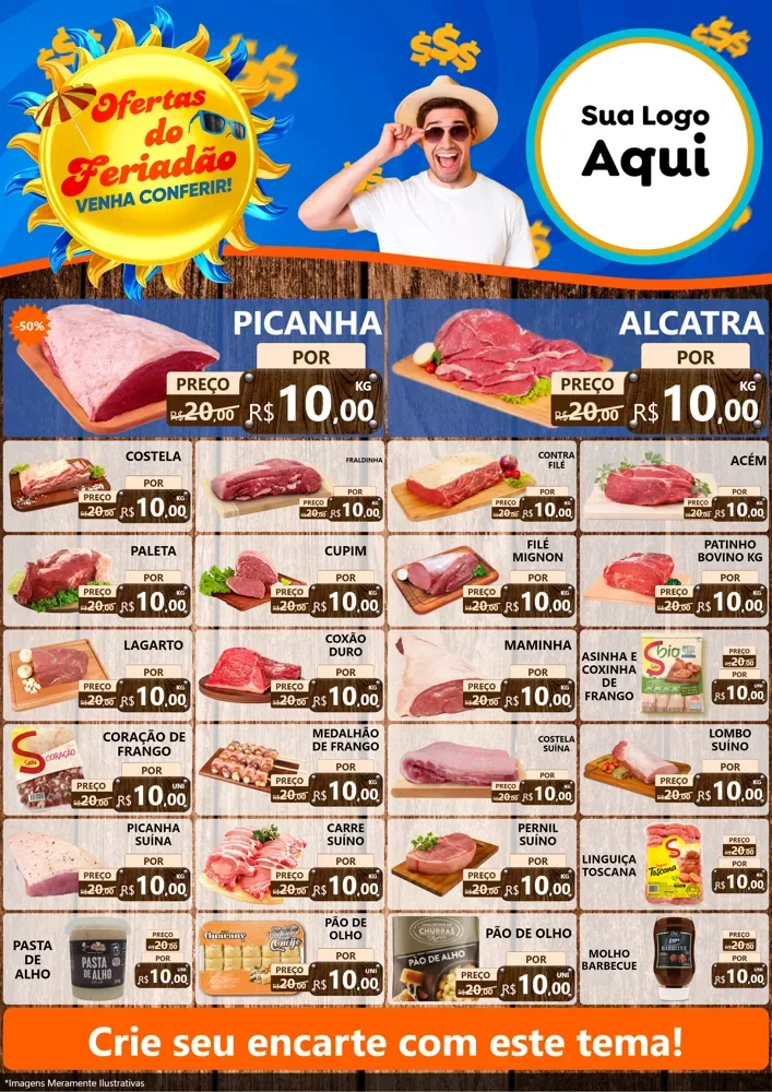 Modelo de Encarte para Encarte A4 Vertical com o tema Ofertas do Feriadão para Açougue