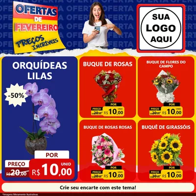 Modelo de Rede Social para Feed Facebook com o tema Ofertas de Fevereiro - Preços Incríveis para Floricultura e jardim
