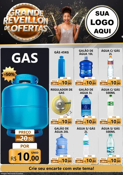 Modelo de Encarte para Encarte A4 Vertical com o tema Grande Réveillon de Ofertas para Água e gás