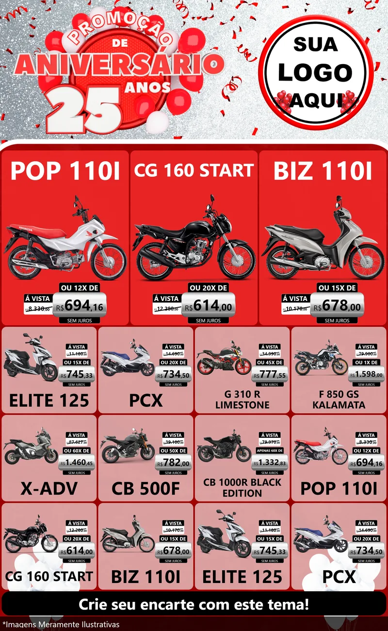 Modelo de Encarte para Encarte Grande com o tema Promoção de Aniversário - 25Anos para Concessionaria de Motos