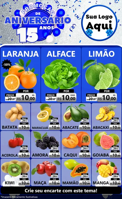 Modelo de Encarte para Encarte Grande com o tema Promoção de Aniversário - 15 Anos para Hortifrúti