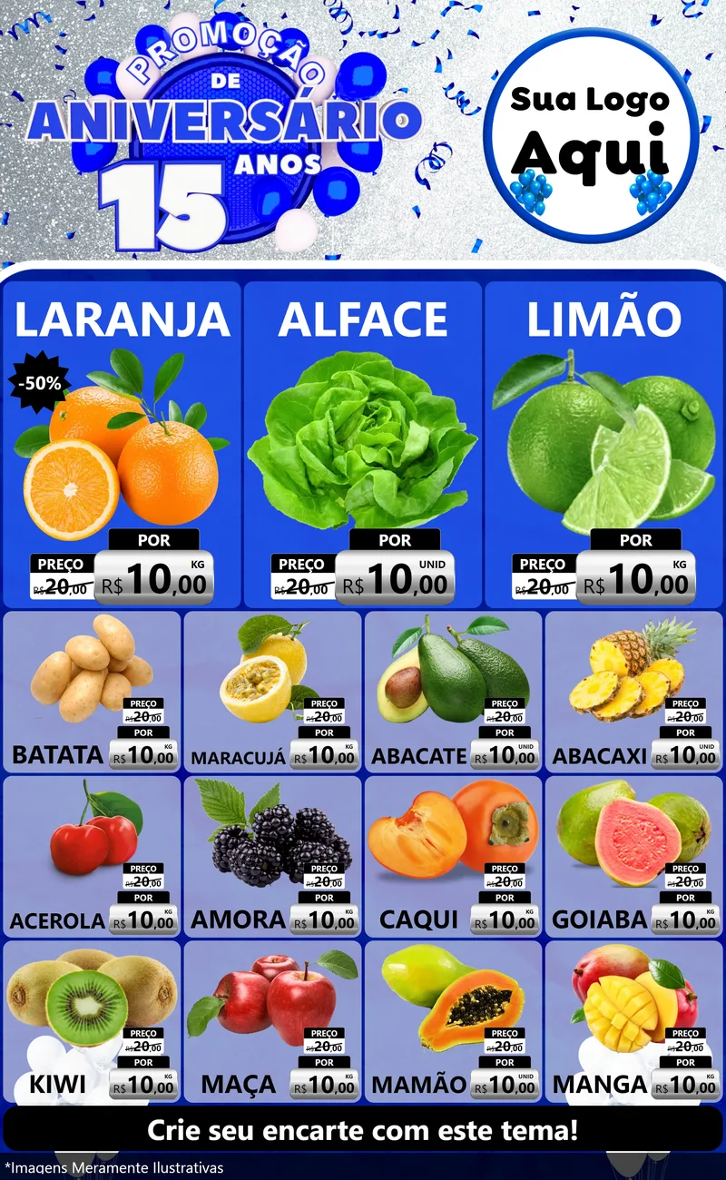 Modelo de Encarte para Encarte Grande com o tema Promoção de Aniversário - 15 Anos para Hortifrúti