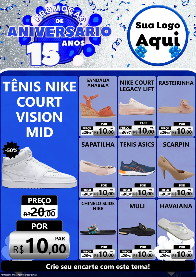 Modelo de Encarte para Encarte A4 Vertical com o tema Promoção de Aniversário - 15 Anos para Calçados
