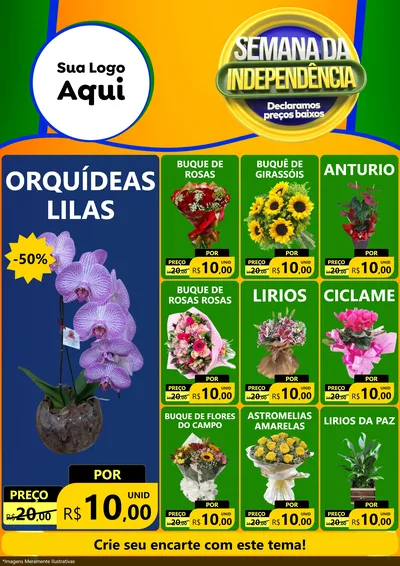 Modelo de Encarte para Encarte A4 Vertical com o tema Semana da Independência Declaramos Preços Baixos para Floricultura e jardim