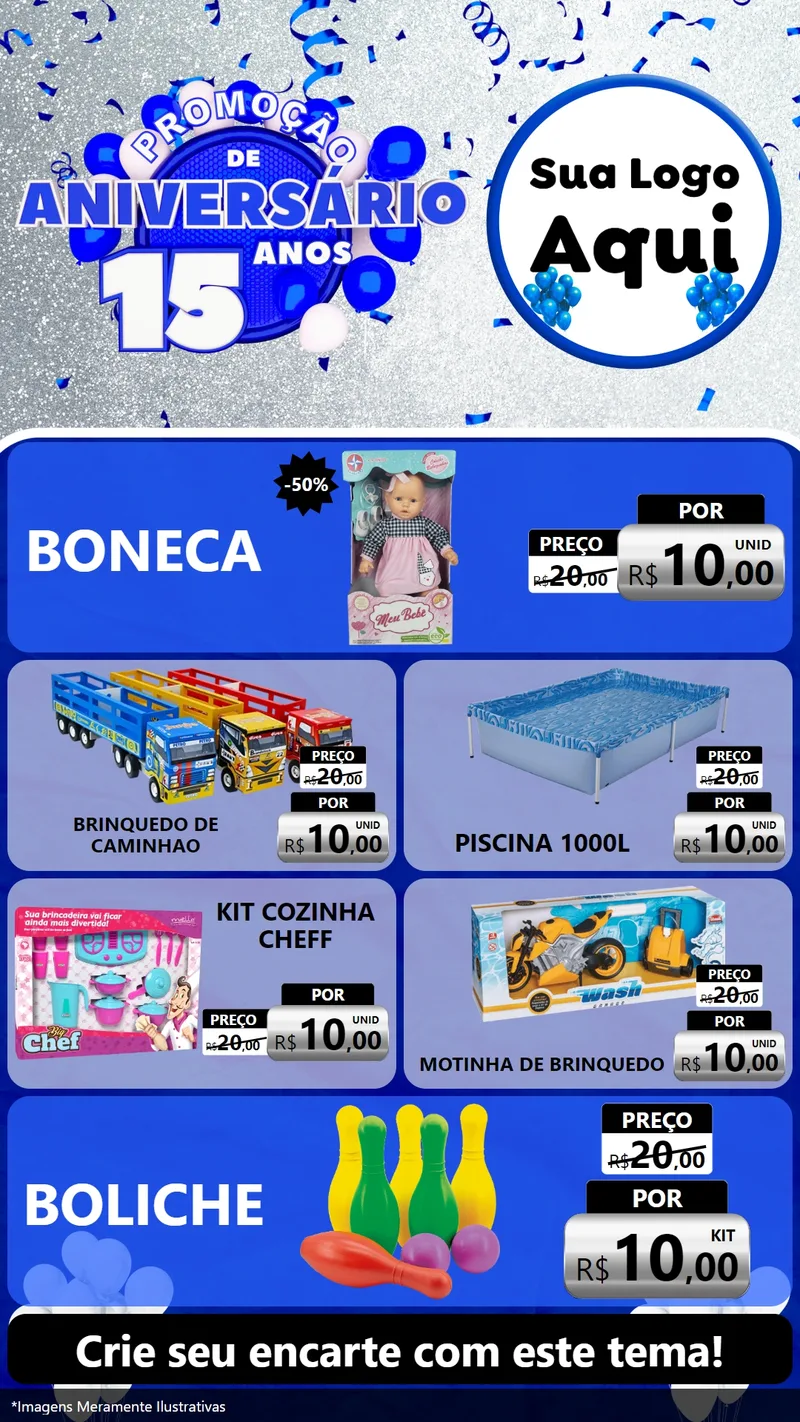 Modelo de TV para TV Vertical com o tema Promoção de Aniversário - 15 Anos para Brinquedos