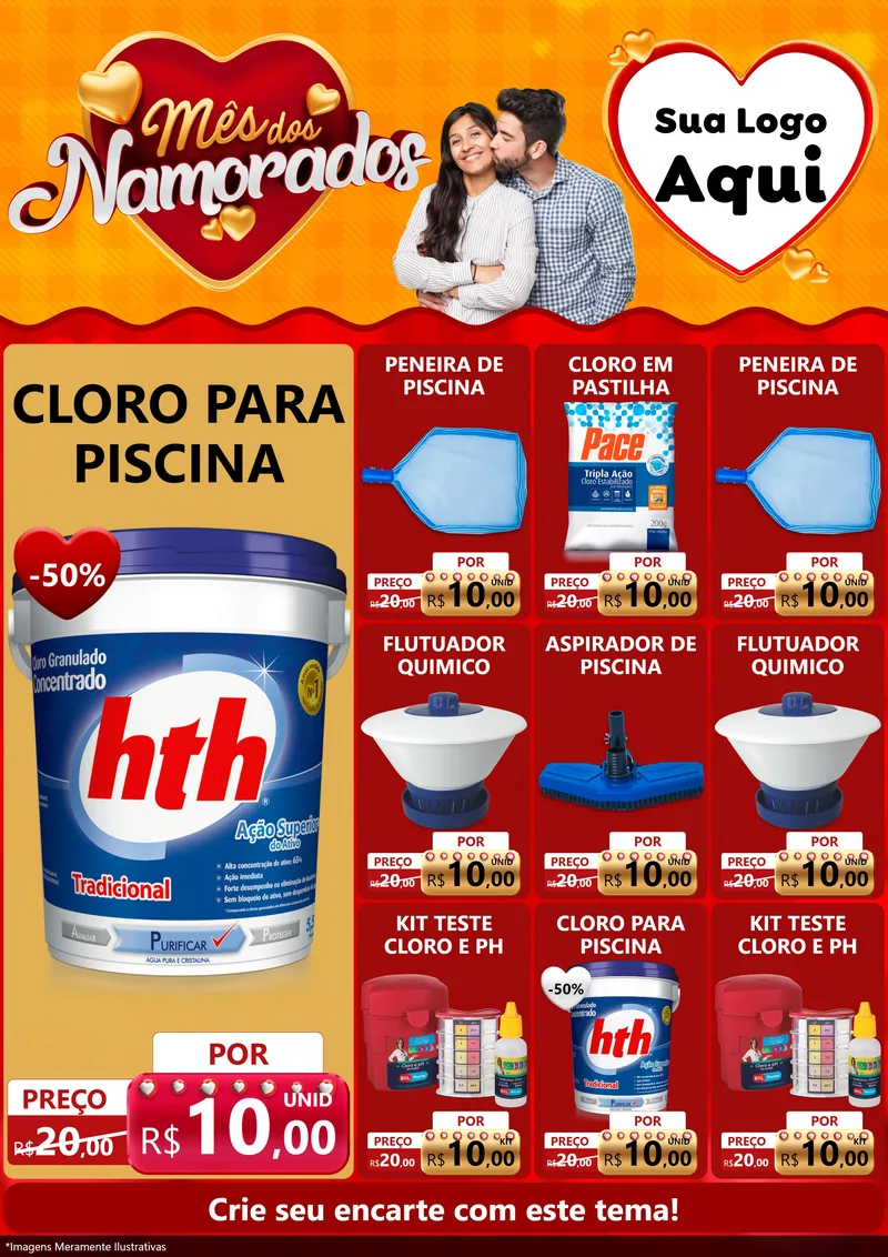 Modelo de Encarte para Encarte A4 Vertical com o tema Mês dos Namorados para Produtos para Piscina