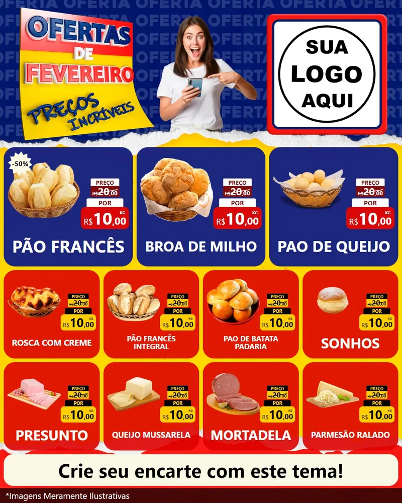 Modelo de Rede Social para Feed Instagram com o tema Ofertas de Fevereiro - Preços Incríveis para Padaria
