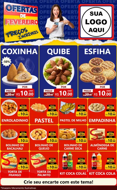 Modelo de Encarte para Encarte Grande com o tema Ofertas de Fevereiro - Preços Incríveis para Salgadaria
