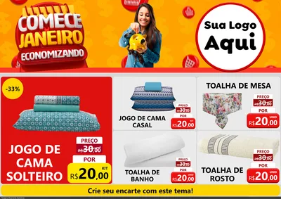 Modelo de Encarte para Encarte A4 Horizontal com o tema Comece Janeiro Economizando para Cama, Mesa e Banho