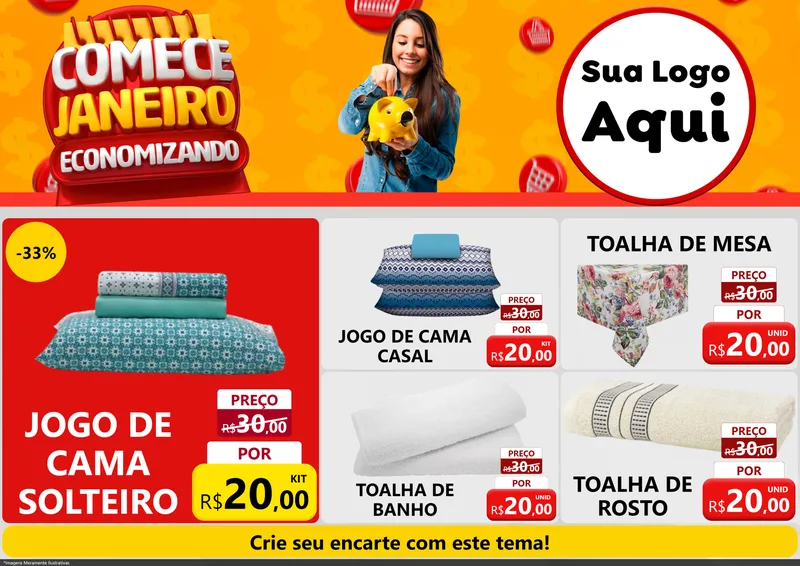 Modelo de Encarte para Encarte A4 Horizontal com o tema Comece Janeiro Economizando para Cama, Mesa e Banho