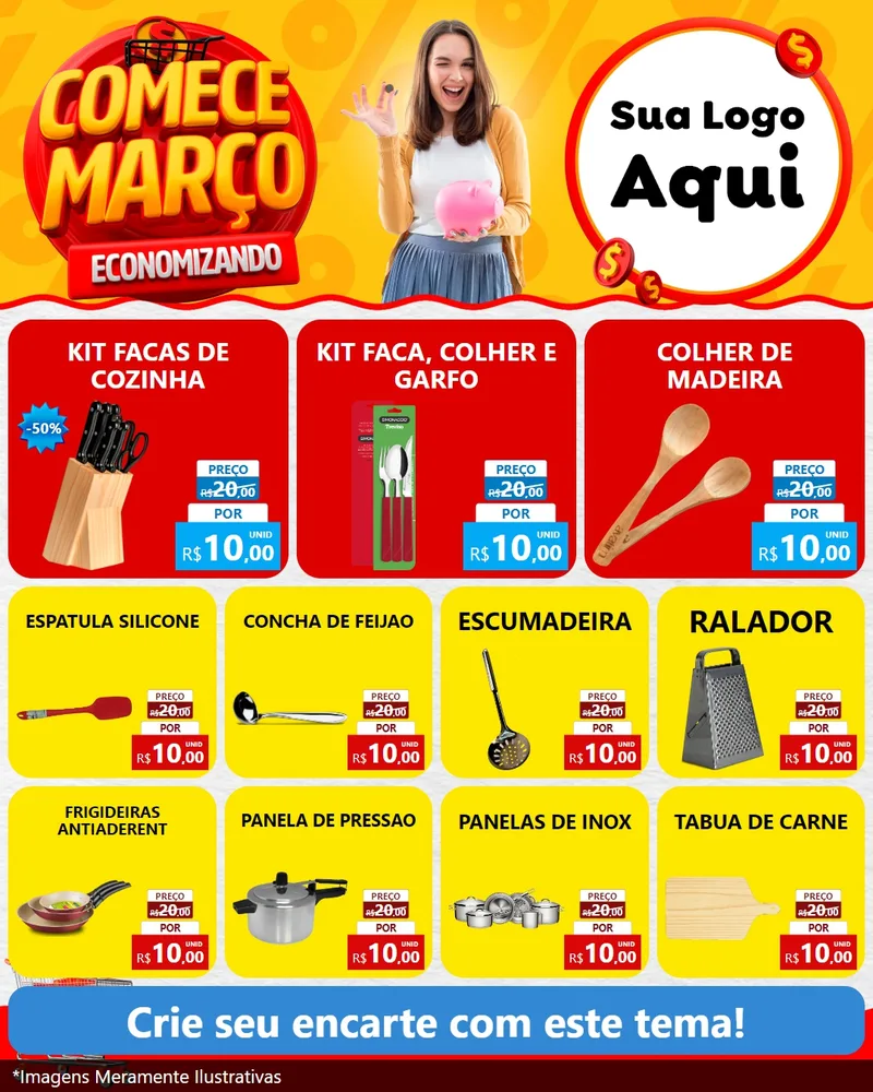 Modelo de Rede Social para Feed Instagram com o tema Comece Março Economizando para Utilidades Domésticas