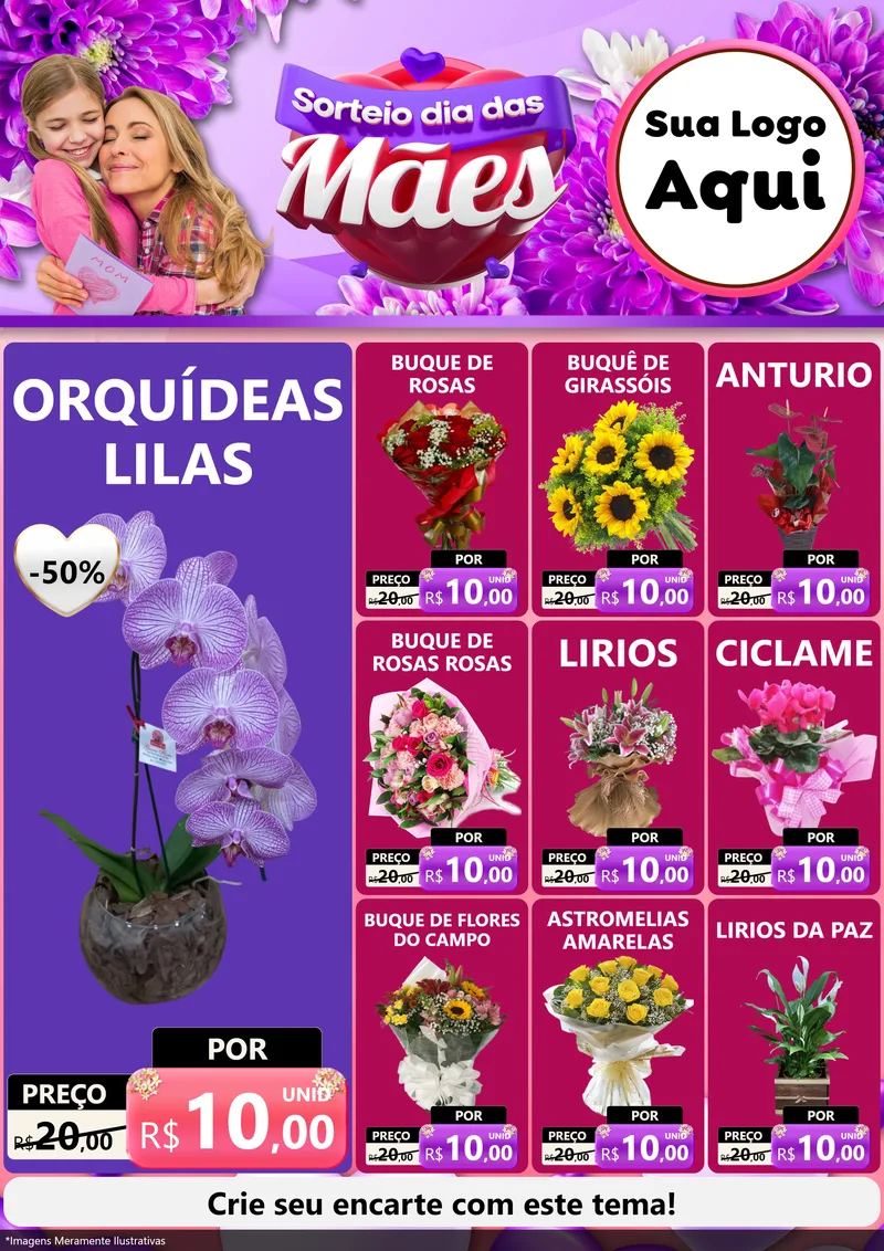 Modelo de Encarte para Encarte A4 Vertical com o tema Sorteio Dia das Mães para Floricultura e jardim