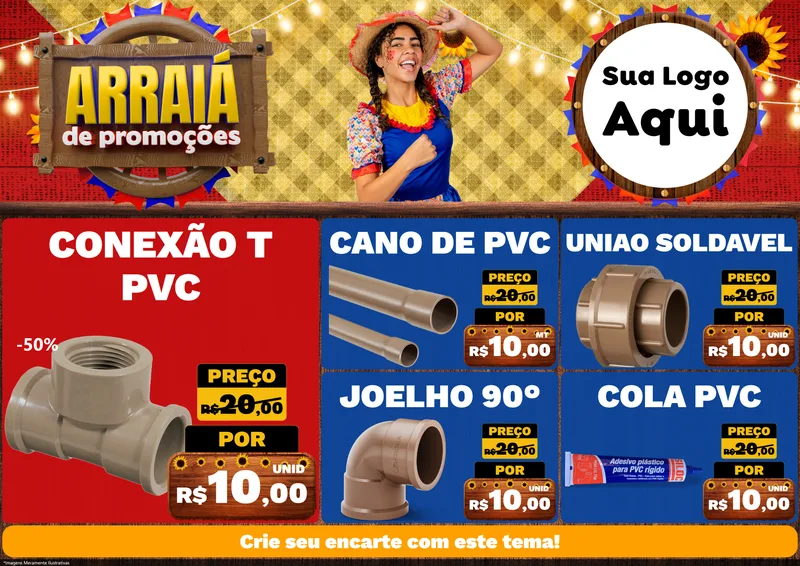 Modelo de Encarte para Encarte A4 Horizontal com o tema Arraiá de Promoções para Tubos e conexões