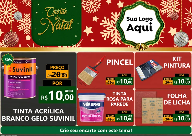 Modelo de Encarte para Encarte A4 Horizontal com o tema Natal de Ofertas para Tintas e Ferramentas