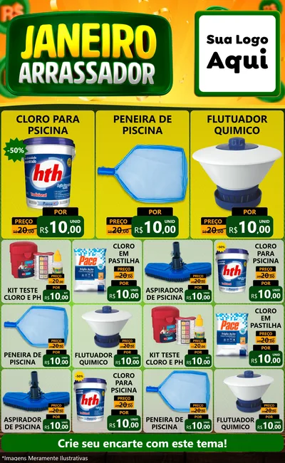 Modelo de Encarte para Encarte Grande com o tema Janeiro Arrasador para Produtos para Piscina