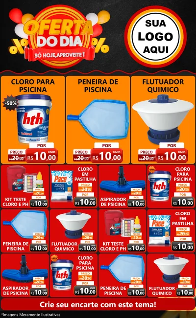 Modelo de Encarte para Encarte Grande com o tema Oferta do Dia - Só hoje, Aproveite! para Produtos para Piscina