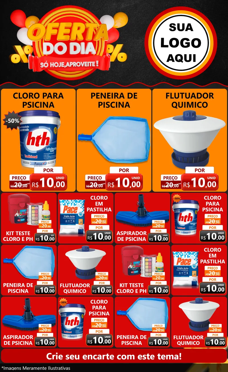 Modelo de Encarte para Encarte Grande com o tema Oferta do Dia - Só hoje, Aproveite! para Produtos para Piscina