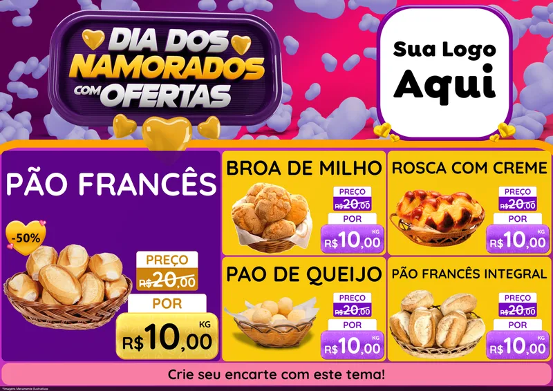 Modelo de Encarte para Encarte A4 Horizontal com o tema Dia Dos Namorados Com Ofertas para Padaria