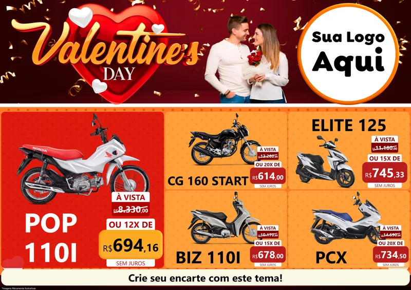 Modelo de Encarte para Encarte A4 Horizontal com o tema Valentine's Day para Concessionaria de Motos