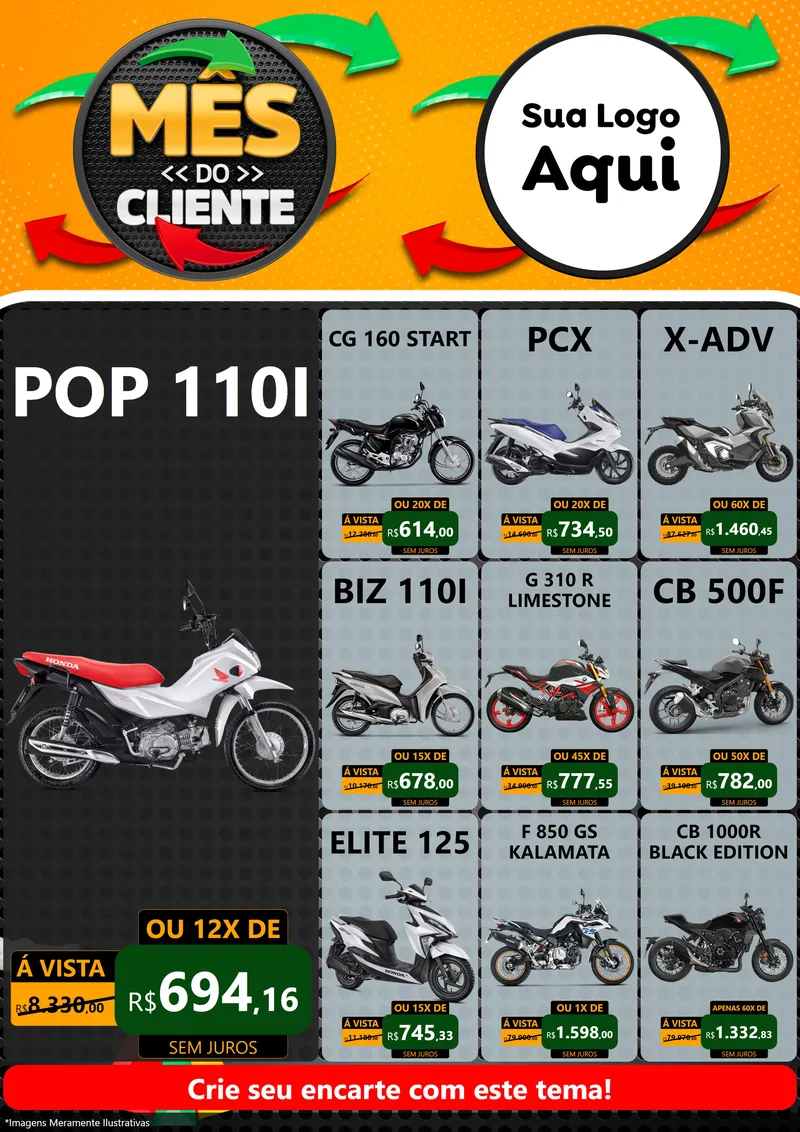 Modelo de Encarte para Encarte A4 Vertical com o tema Mês do Cliente para Concessionaria de Motos