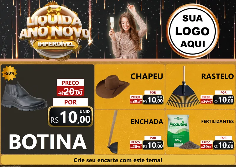 Modelo de Encarte para Encarte A4 Horizontal com o tema Liquida Ano Novo Imperdível para Agropecuária
