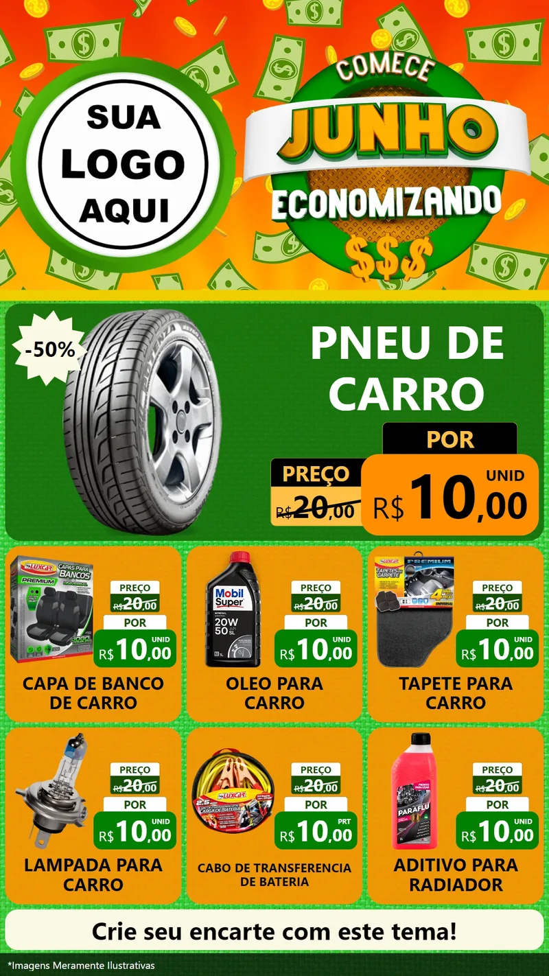Modelo de Rede Social para Stories com o tema Comece Junho Economizando para Auto peças