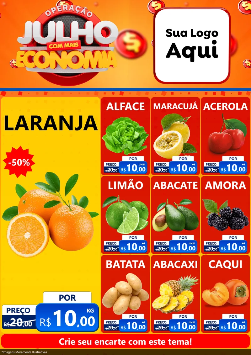 Modelo de Encarte para Encarte A4 Vertical com o tema Operação Julho Com Mais Economia para Hortifrúti