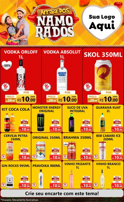 Modelo de Encarte para Encarte Grande com o tema Arraiá dos Namorados para Distribuidora de bebidas