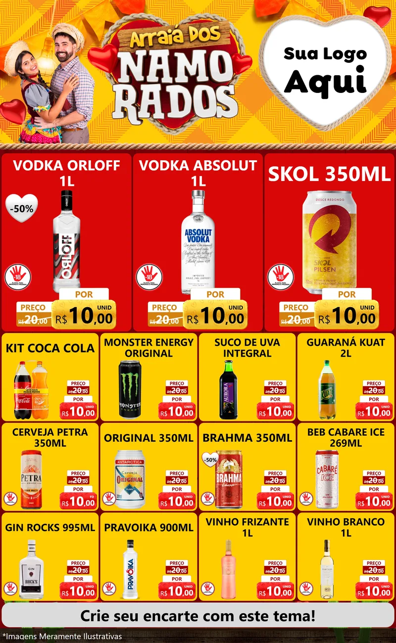 Modelo de Encarte para Encarte Grande com o tema Arraiá dos Namorados para Distribuidora de bebidas