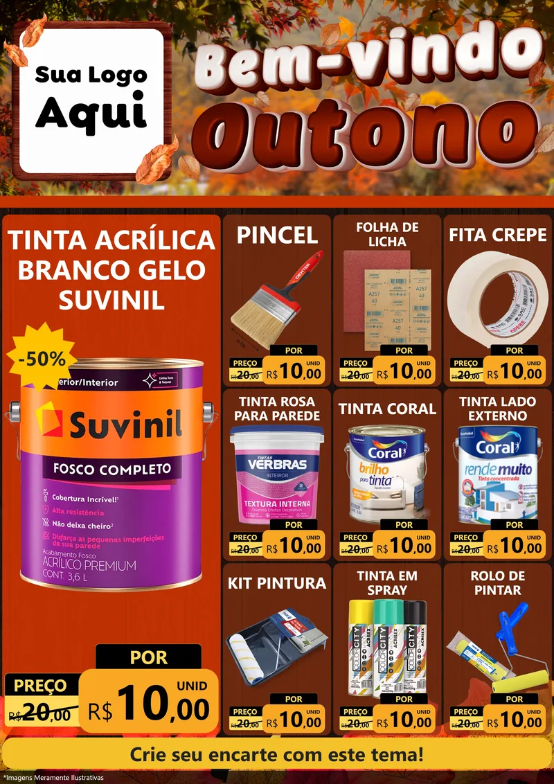 Modelo de Encarte para Encarte A4 Vertical com o tema Bem-vindo Outono para Tintas e Ferramentas