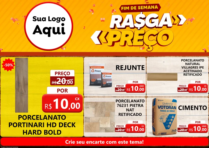 Modelo de Encarte para Encarte A4 Horizontal com o tema Fim de Semana Rasga Preços para Pisos e revestimentos