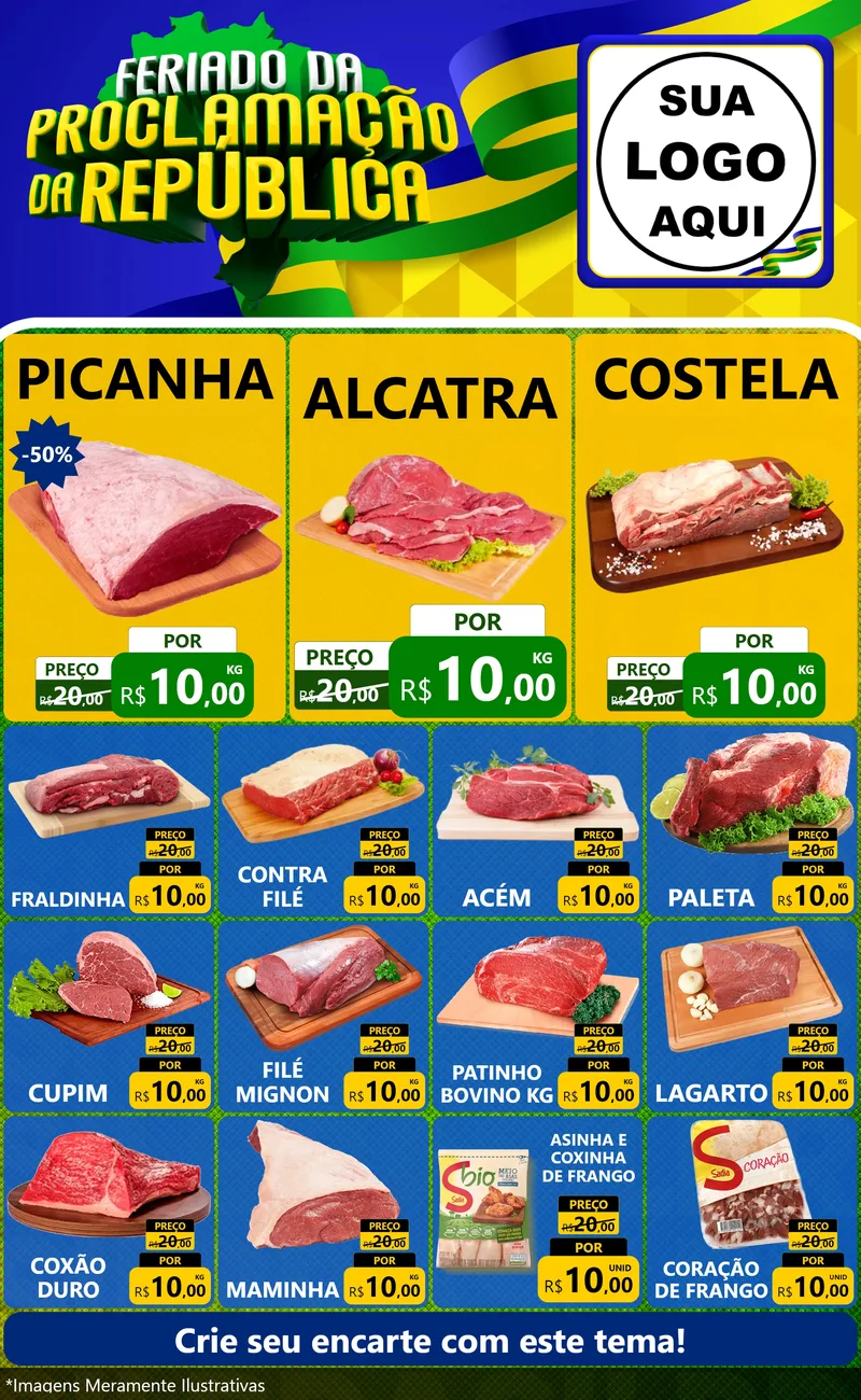 Modelo de Encarte para Encarte Grande com o tema Feriado da Proclamação da República para Açougue