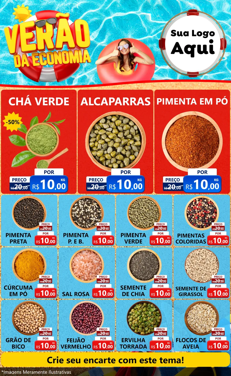 Modelo de Encarte para Encarte Grande com o tema Verão da Economia para Produtos Naturais