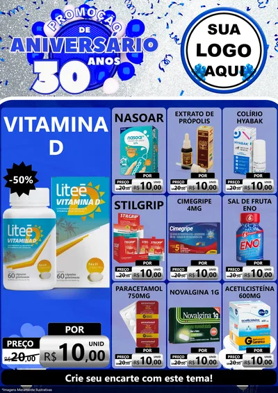 Modelo de Encarte para Encarte A4 Vertical com o tema Promoção de Aniversário - 30 Anos para Farmácia