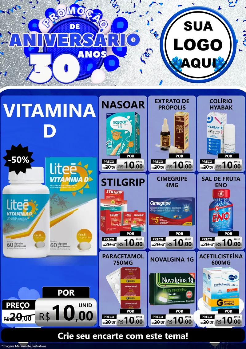 Modelo de Encarte para Encarte A4 Vertical com o tema Promoção de Aniversário - 30 Anos para Farmácia