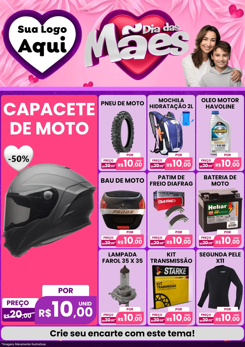 Modelo de Encarte para Encarte A4 Vertical com o tema Dia das Mães para Moto peças