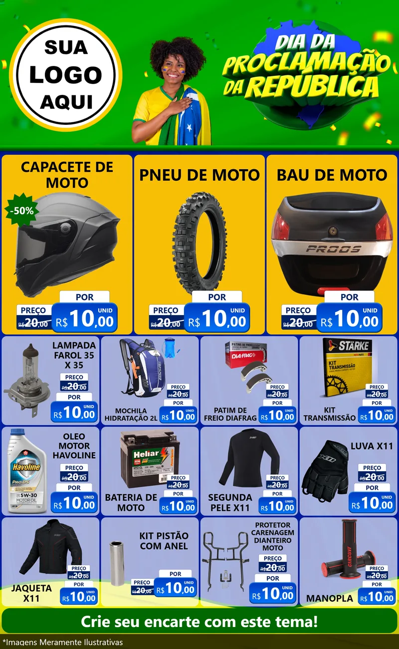 Modelo de Encarte para Encarte Grande com o tema Dia Da Proclamação Da República para Moto peças