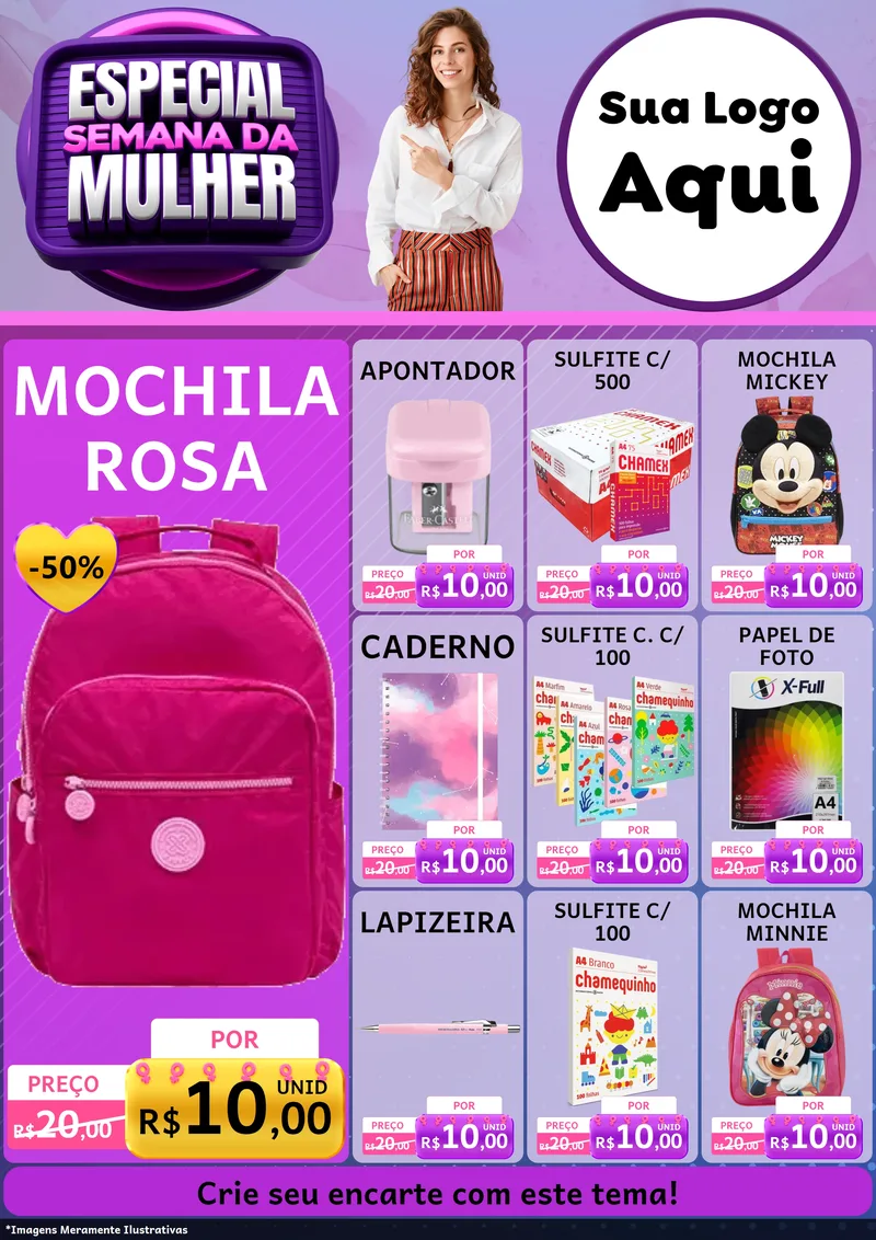 Modelo de Encarte para Encarte A4 Vertical com o tema Especial Semana da Mulher para Papelaria