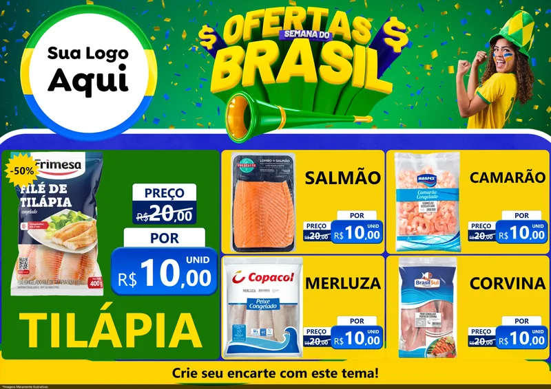 Modelo de Encarte para Encarte A4 Horizontal com o tema Ofertas Semana do Brasil para Peixaria