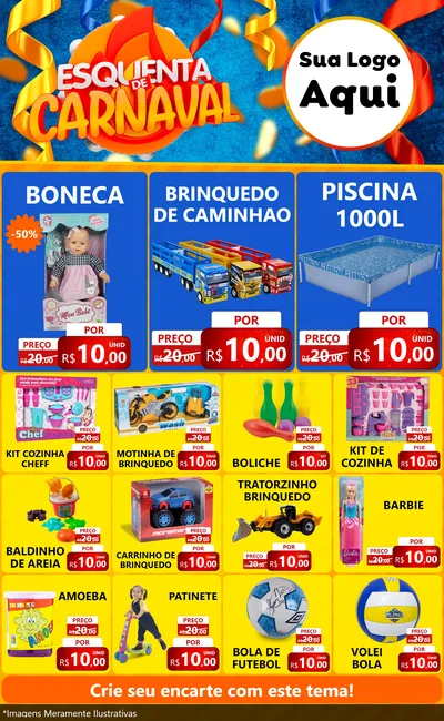 Modelo de Encarte para Encarte Grande com o tema Esquenta de Carnaval para Brinquedos