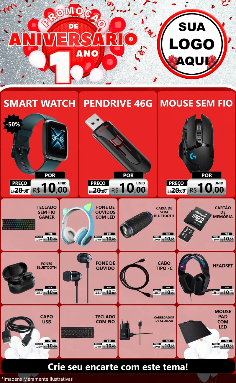 Modelo de Encarte para Encarte Grande com o tema Promoção de Aniversário - 1 Ano para Informática